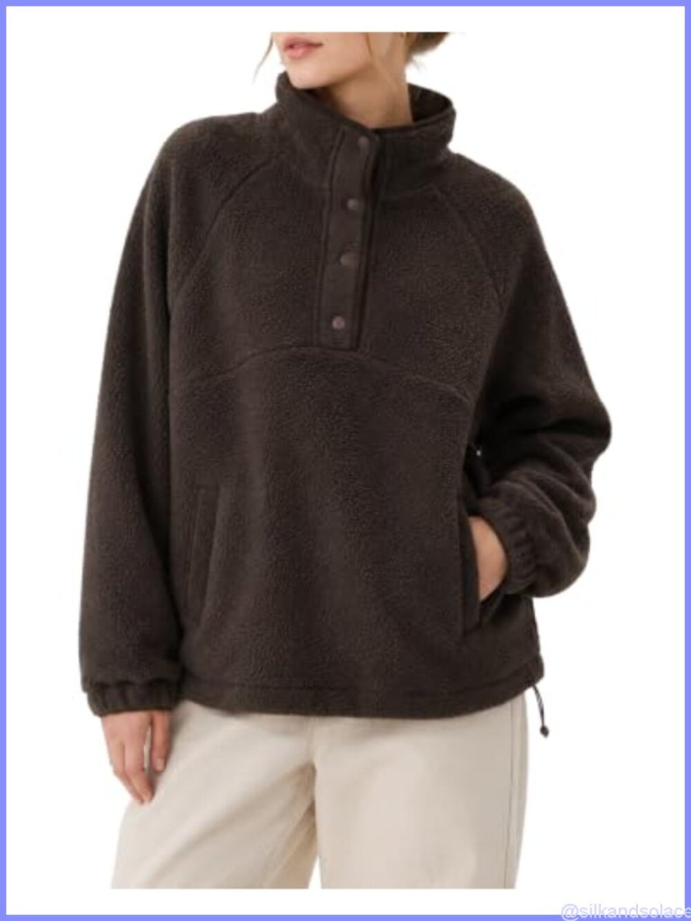 Sherpa Fleece Snap Collar Pullover Sweatshirt with Pockets